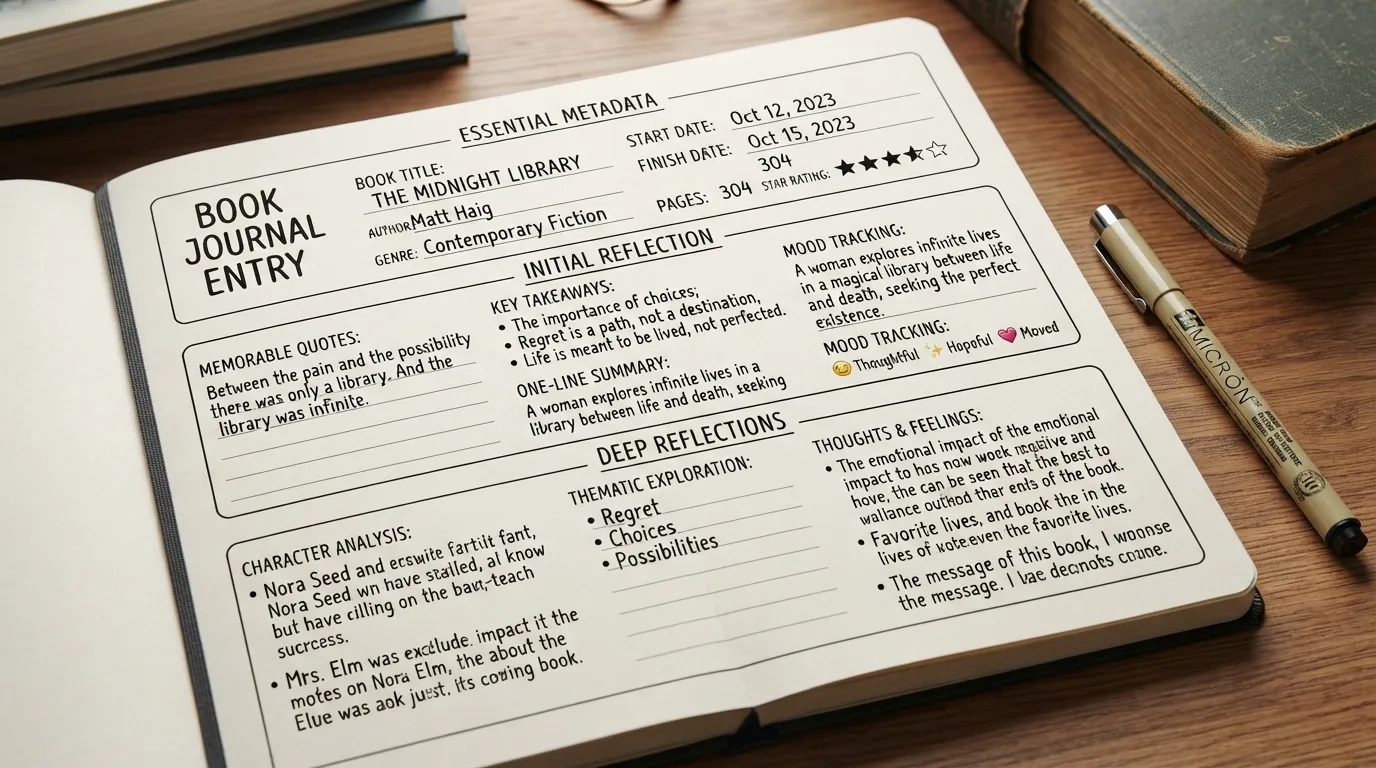 A flat lay photo of an open book journal displaying a complete core checklist with title, dates, star ratings, and reflection notes categorized into essential tiers.