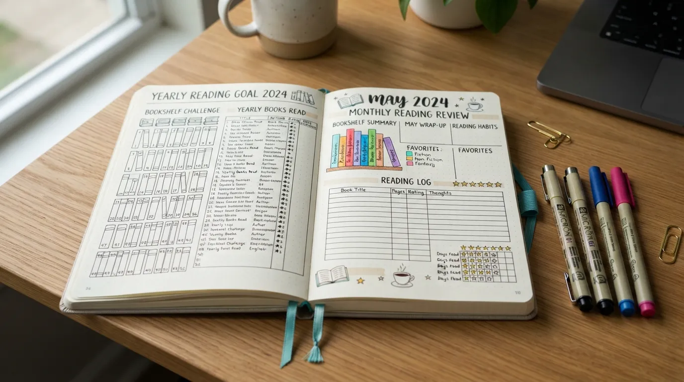 A flat lay photo of an open notebook displaying hand-drawn book journal layout ideas, a reading goal tracker, and colorful pens on a wooden desk.