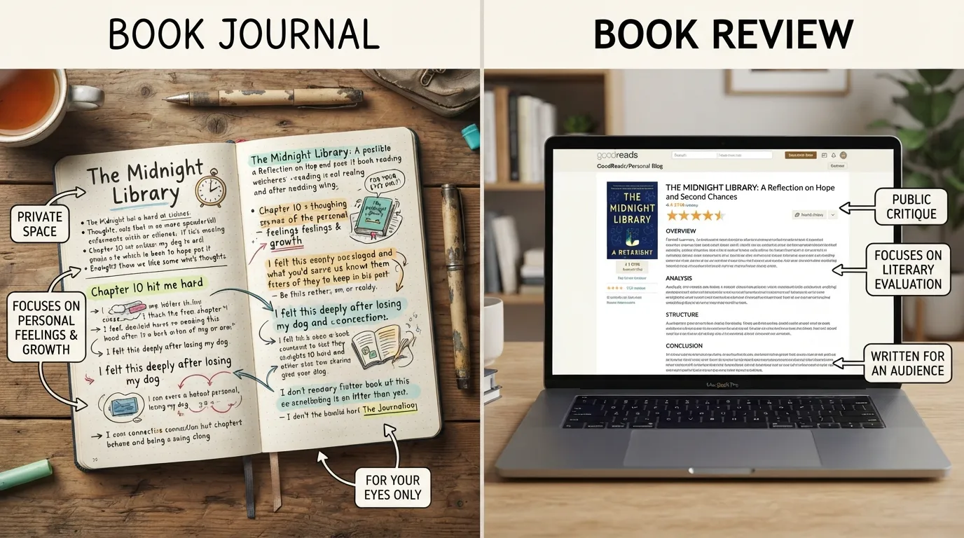 Side-by-side comparison showing a handwritten personal book journal next to a published digital book review on a laptop, highlighting the differences between private reading reflections and public critiques.