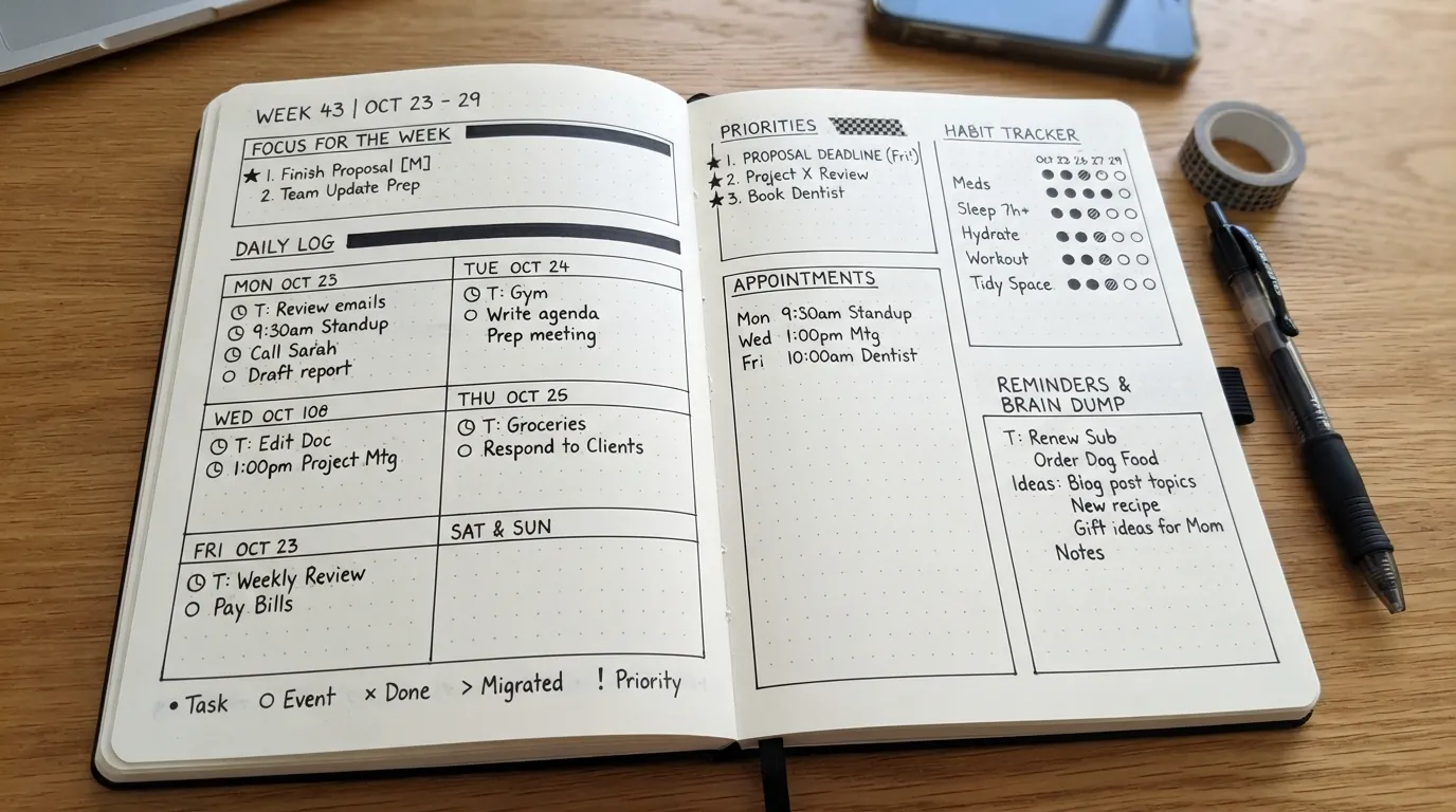 Bullet journal for ADHD showing simple layouts for planning tasks, organizing priorities, tracking habits, and staying focused