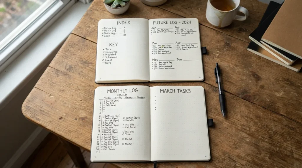 Beginner bullet journal setup showing a notebook, pen, Index, Future Log, Monthly Log, Daily Log, and simple bullet journal symbols