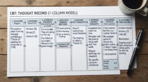 CBT journal thought record showing a situation, emotions, automatic thoughts, evidence, balanced thought, and next action in a structured template