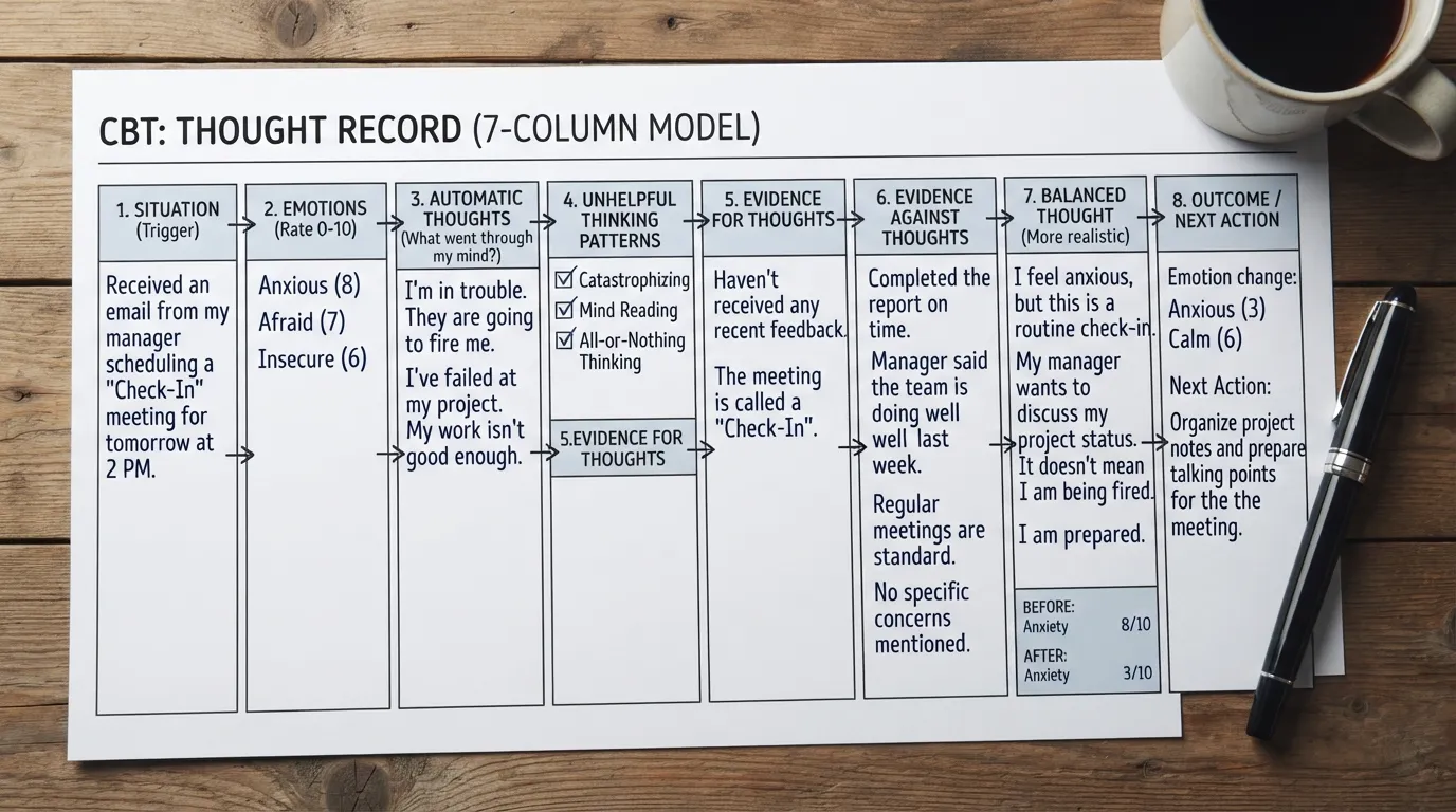 CBT journal thought record showing a situation, emotions, automatic thoughts, evidence, balanced thought, and next action in a structured template