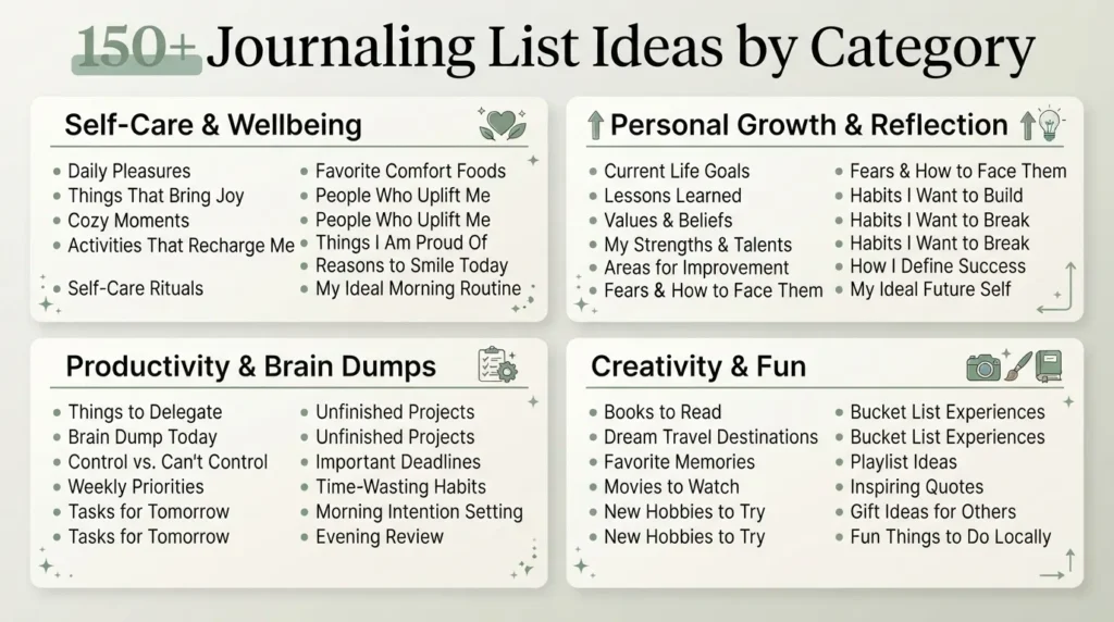 An organized visual chart categorizing over 150 journaling list ideas into themes like self-care, personal growth, productivity, and mindfulness.