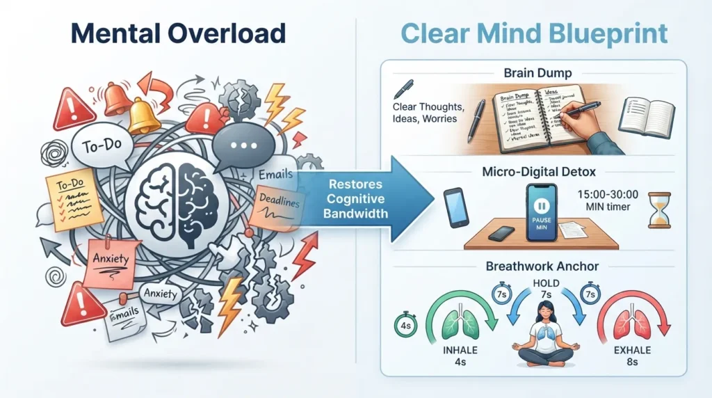 An infographic illustrating four steps to clear mental clutter before shifting your mindset, including performing a brain dump, taking micro-digital detoxes, practicing breathwork, and reducing cognitive overhead.