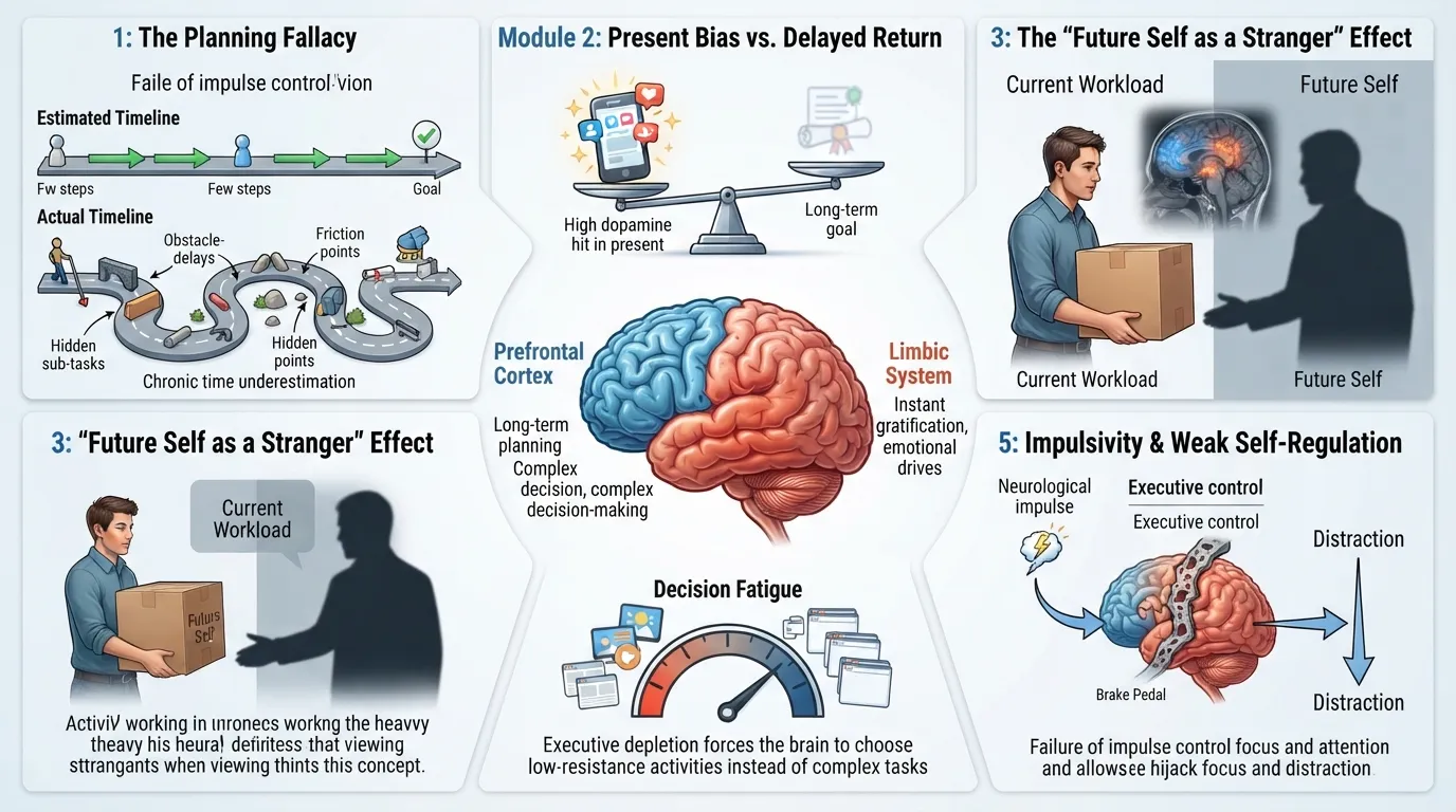 Diagram illustrating cognitive causes of procrastination including the planning fallacy, present bias, decision fatigue, and the neural disconnect between present and future self.