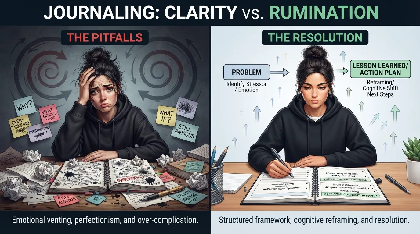 A side-by-side comparison illustration showing a person caught in a circular negative thought loop versus a person using structured journaling to transition from venting to finding actionable resolutions.