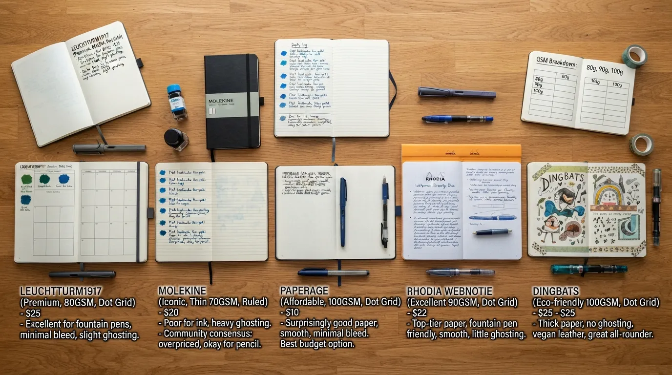 A flat-lay photograph featuring a variety of popular journals and notebooks on a wooden desk, surrounded by fountain pens and writing accessories, representing community-favored writing tools.
