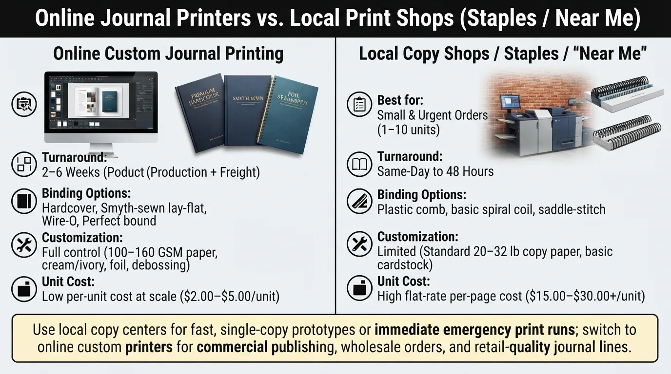Side-by-side comparison chart analyzing online journal printers versus local copy centers like Staples on quantity tiers, turnaround time, binding methods, paper options, unit costs, and wholesale availability.