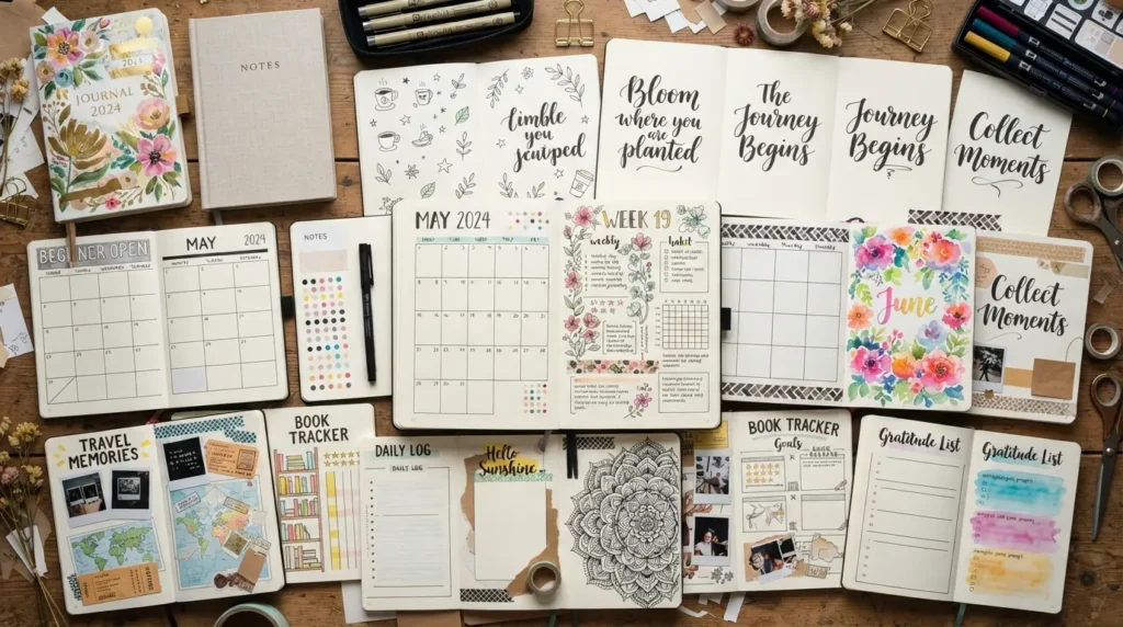 Creative journal design ideas showing aesthetic journal pages, decorated covers, quotes, patterns, drawings, and simple layouts