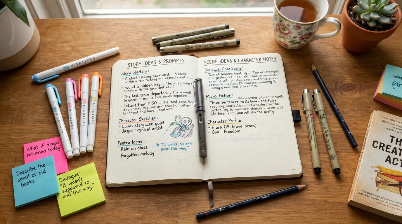 Flat lay of an open journal surrounded by colorful pens, sticky notes, and a list of creative writing prompts, illustrating unique ideas for filling a notebook.