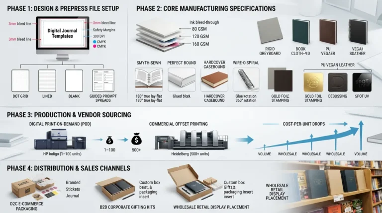 Comprehensive flowchart illustrating the complete custom journal printing lifecycle, showing design preparation, paper and binding selection, commercial manufacturing steps, and retail distribution channels.