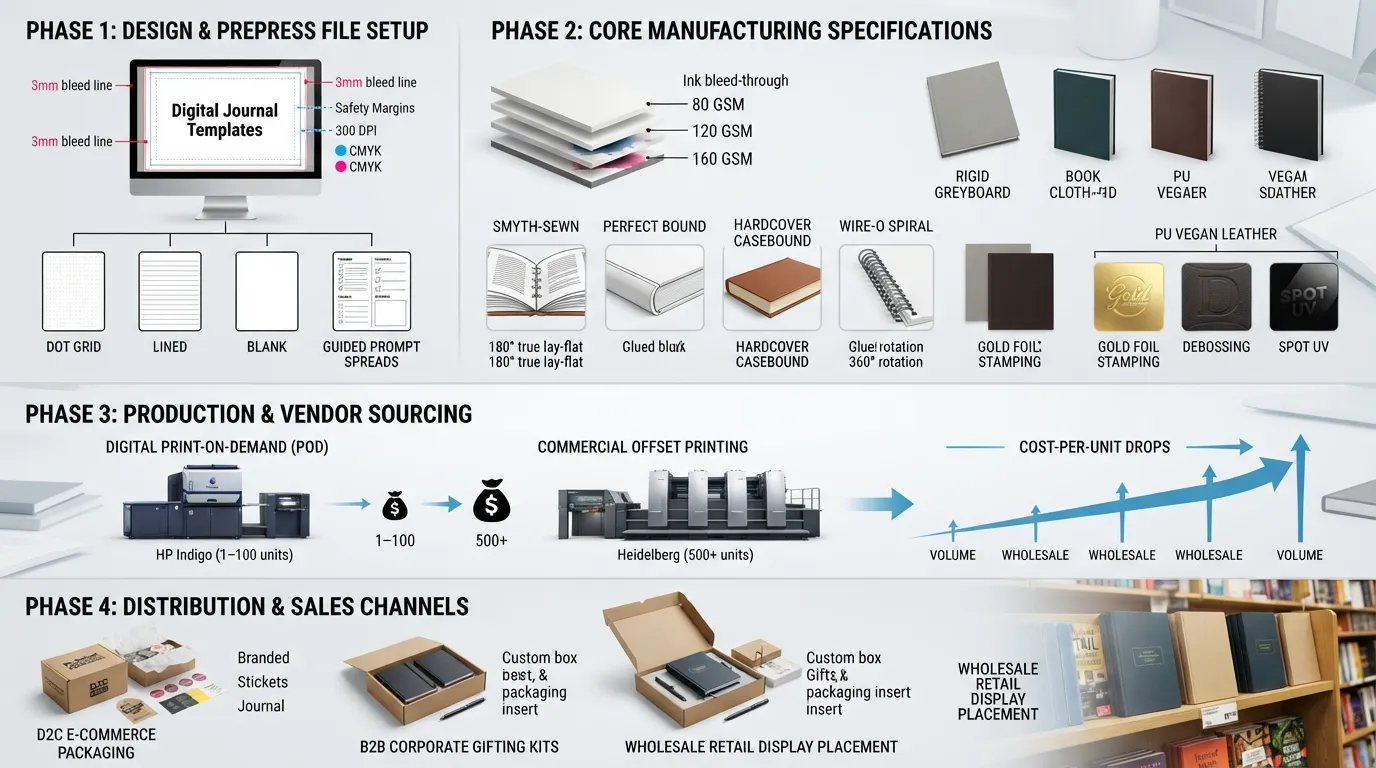 Comprehensive flowchart illustrating the complete custom journal printing lifecycle, showing design preparation, paper and binding selection, commercial manufacturing steps, and retail distribution channels.