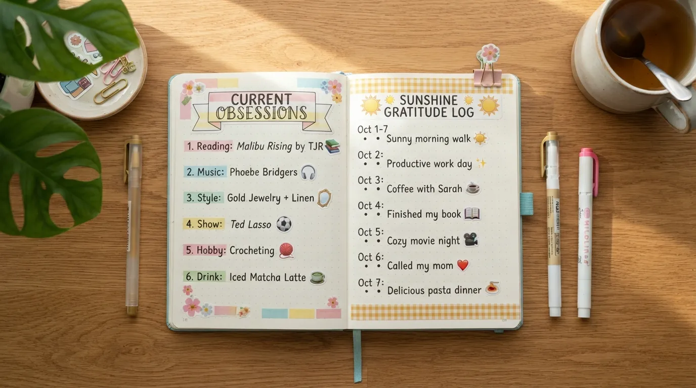 Flat lay photograph of a cute aesthetic notebook opened to a decorated spread featuring pastel highlighters, washi tape borders, handwritten headers, and planner stickers on a wooden desk.