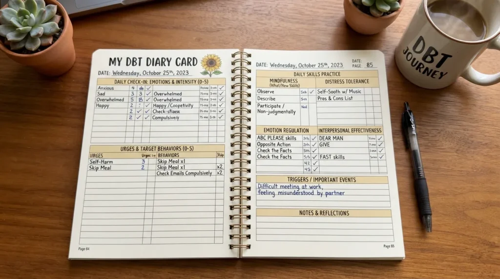 DBT journal showing how to track emotions, urges, behaviors, triggers, and DBT skills with a daily journal or diary card template