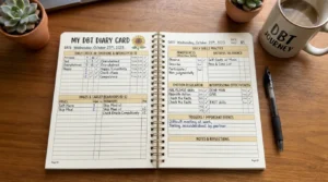 DBT journal showing how to track emotions, urges, behaviors, triggers, and DBT skills with a daily journal or diary card template