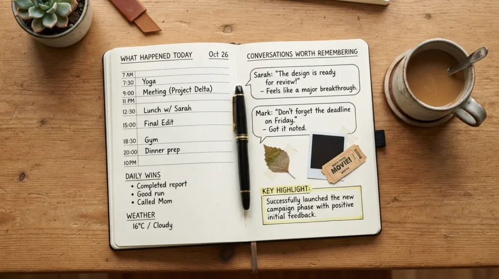 An open journal page detailing daily events with timeline entries, conversation logs, and routine highlights surrounded by a pen and coffee cup.