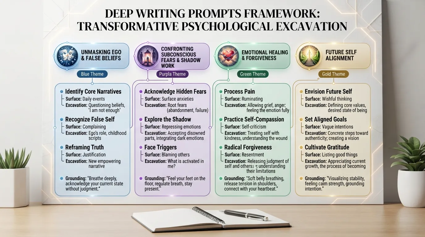 Infographic illustrating deep writing prompts for self-reflection, showing categories for unmasking the ego, shadow work, emotional release, and future alignment.