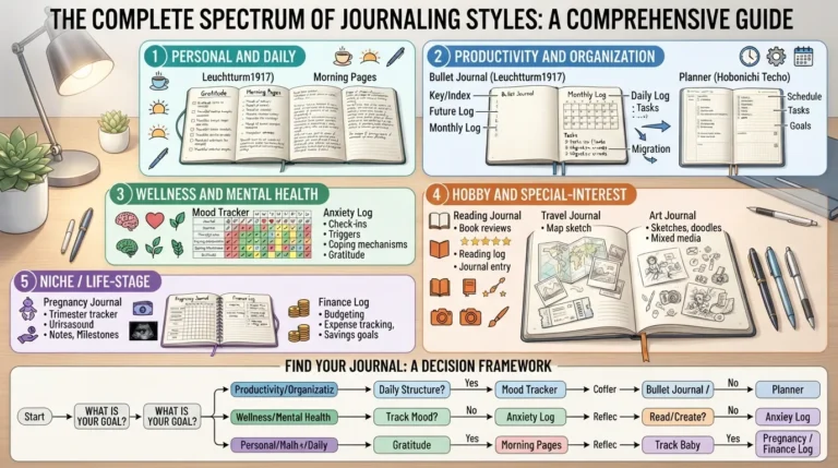 An organized infographic layout categorizing various types of journals including personal, productivity, wellness, and hobby notebooks with a section on how to choose the right one.