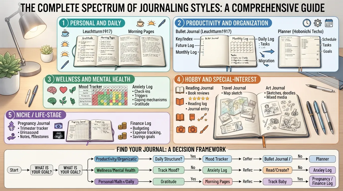 An organized infographic layout categorizing various types of journals including personal, productivity, wellness, and hobby notebooks with a section on how to choose the right one.