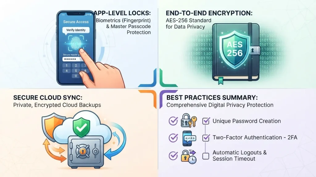 Infographic illustrating digital journal security features including end-to-end encryption, biometric fingerprint lock, password protection, and secure cloud backup icons.