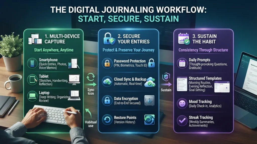 A person using multiple devices like a smartphone, tablet, and laptop to write, secure, and organize entries in a digital journal.