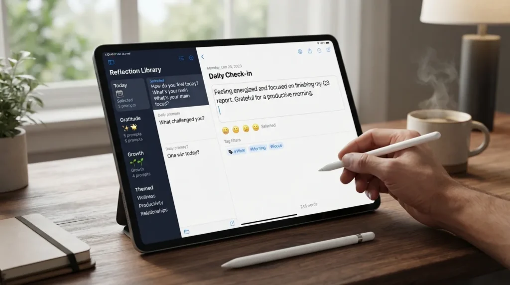 A tablet screen displaying a digital journal app with curated daily reflection prompts, categorized lists, and a blank text entry box.