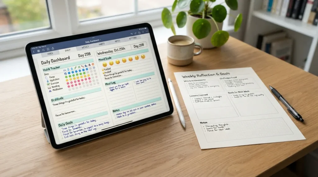t A flatlay photograph of a tablet displaying a hyperlinked digital PDF journaling template alongside a minimalist pen and a printed weekly planner page on a clean wooden desk.
