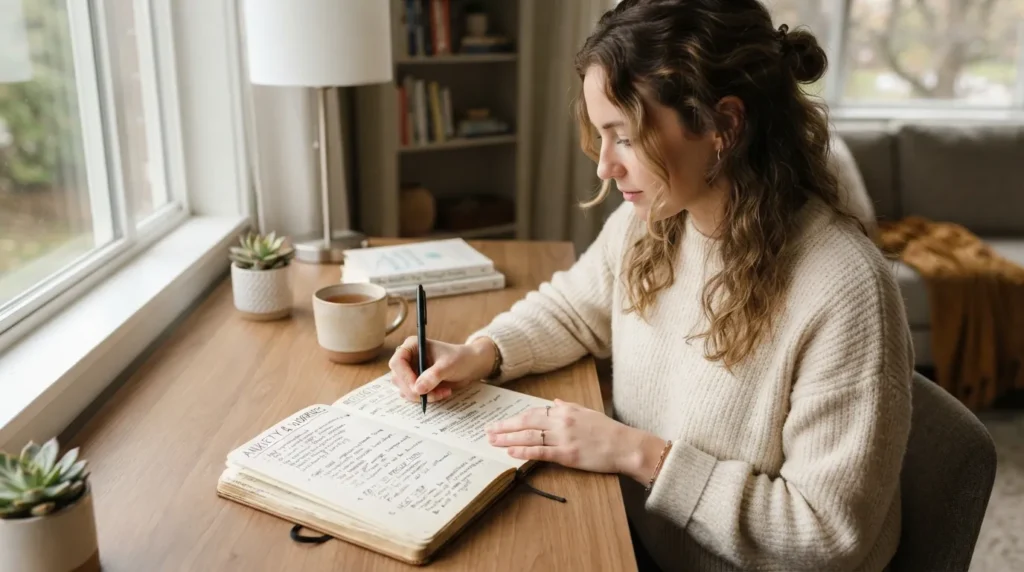 Person journaling about anxiety and worries in a notebook, with written thoughts, emotional reflection, and practical journaling prompts