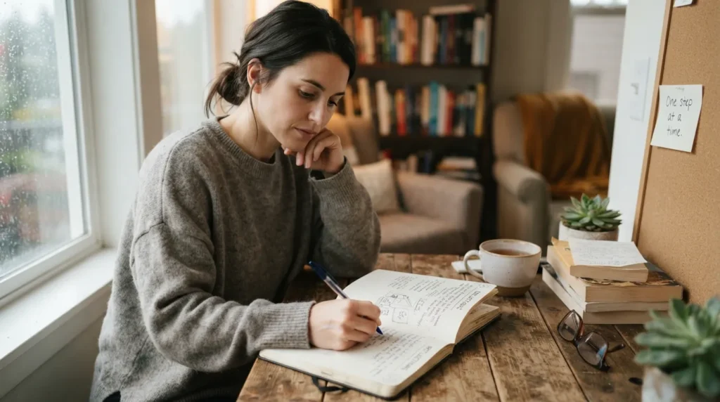 Person journaling in a notebook while reflecting on emotions and mental health, illustrating how journaling may help with depression