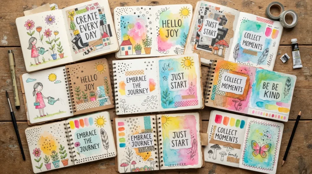 Collage of easy art journal ideas for beginners featuring simple drawings, colorful patterns, painting, collage, lettering, nature-inspired pages, and creative journal layouts