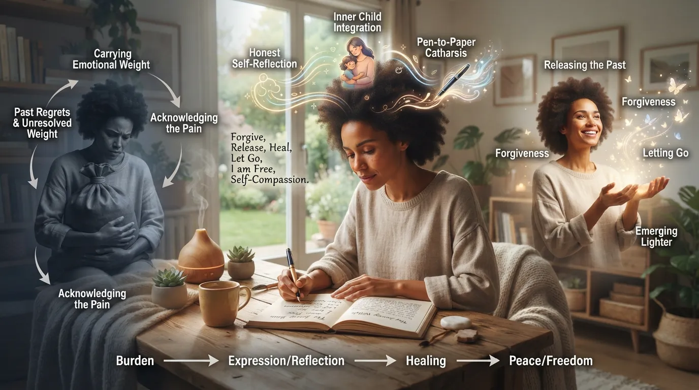 A person sitting quietly with a journal and pen during an emotional healing and release exercise, representing self-forgiveness and shadow work.