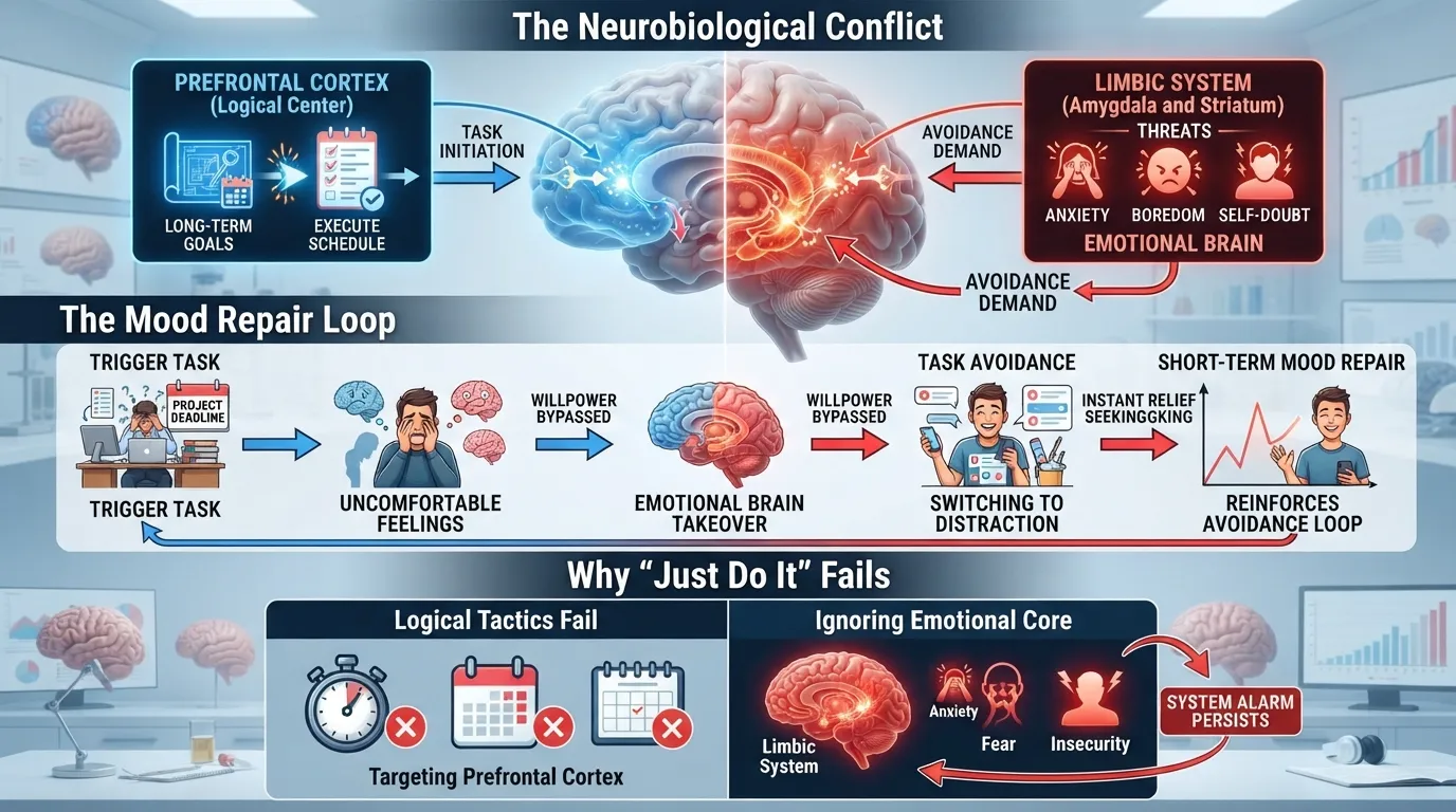 Infographic illustrating the emotion-regulation theory of procrastination, showing how emotional brain responses override logical planning and willpower to trigger task avoidance for short-term mood repair.