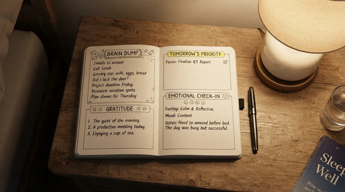 A minimalist journal layout on a nightstand featuring categories like brain dump, gratitude, and tomorrow's priorities to help clear the mind before sleep.