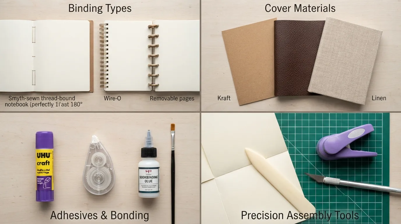 A flat-lay view of essential DIY journal making supplies, including thread-bound and spiral bookbindings, leather and kraft cover materials, adhesive glue sticks and double-sided tape, a bone folder, corner rounder, and a cutting mat layout.