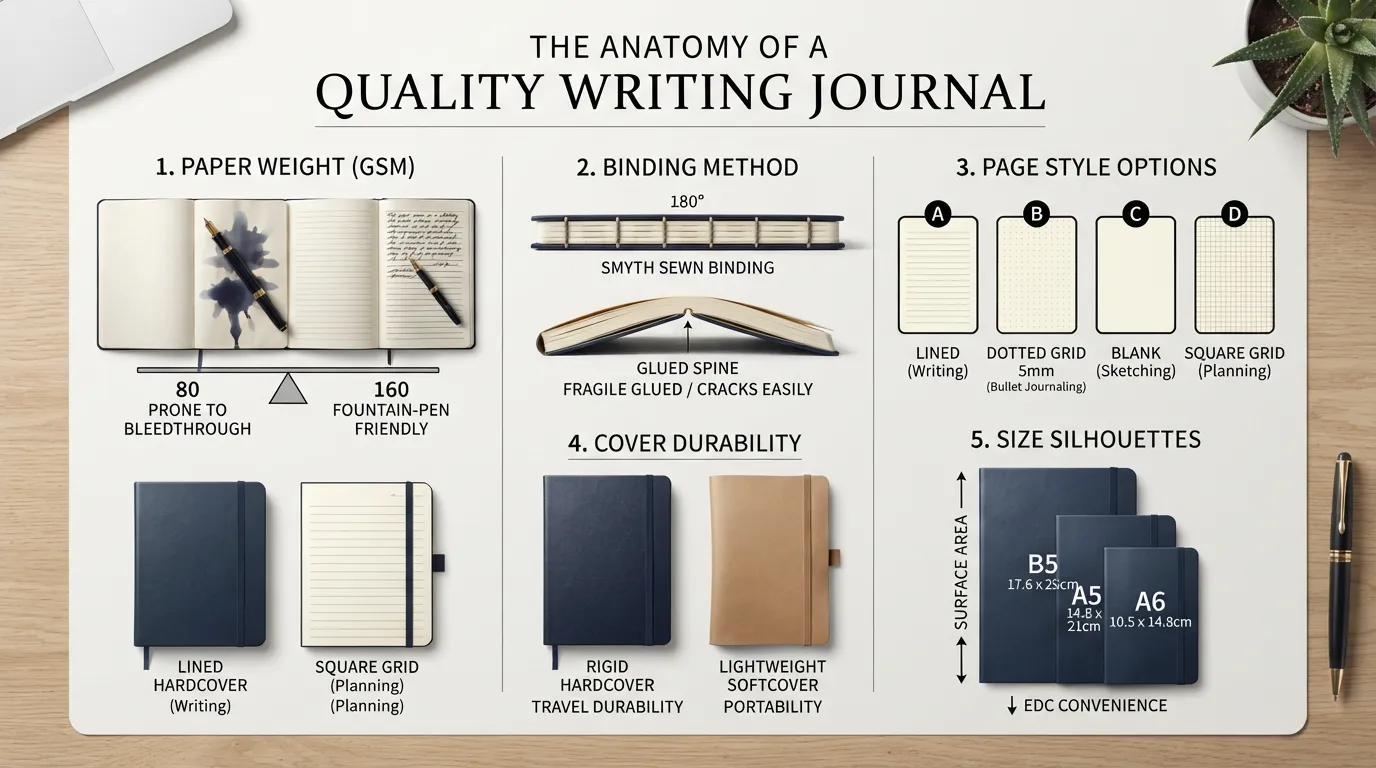 An infographic showing five key features to look for in a quality journal: paper GSM weight, binding style, page layout options, cover durability, and physical size.