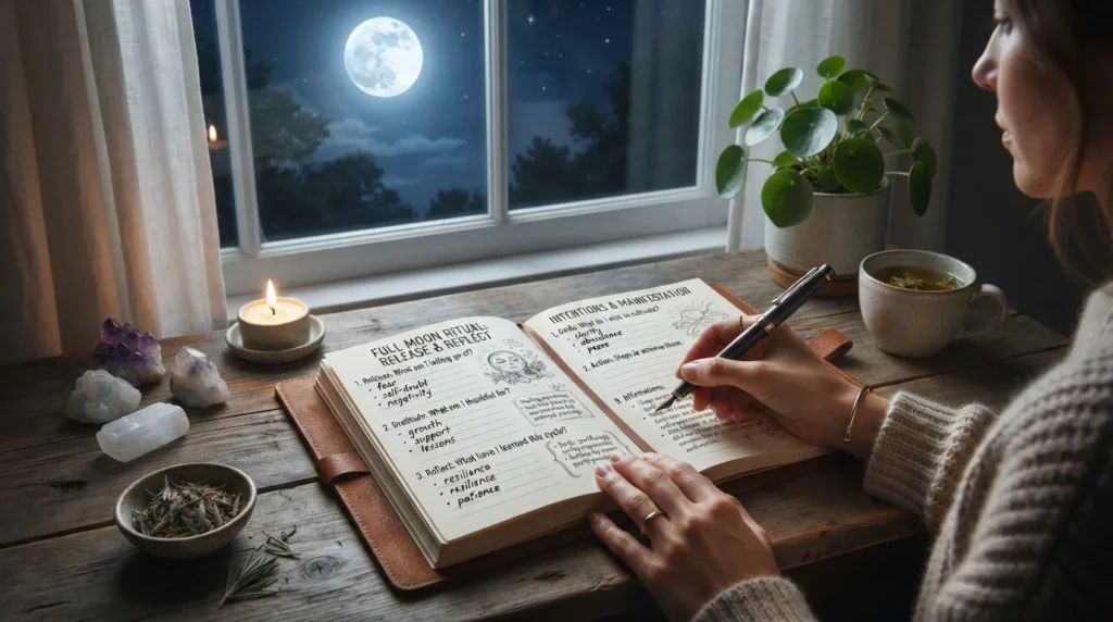 Open journal beside a glowing full moon scene showing reflection, gratitude, emotional release, and manifestation themes with handwritten prompts for full moon journaling.