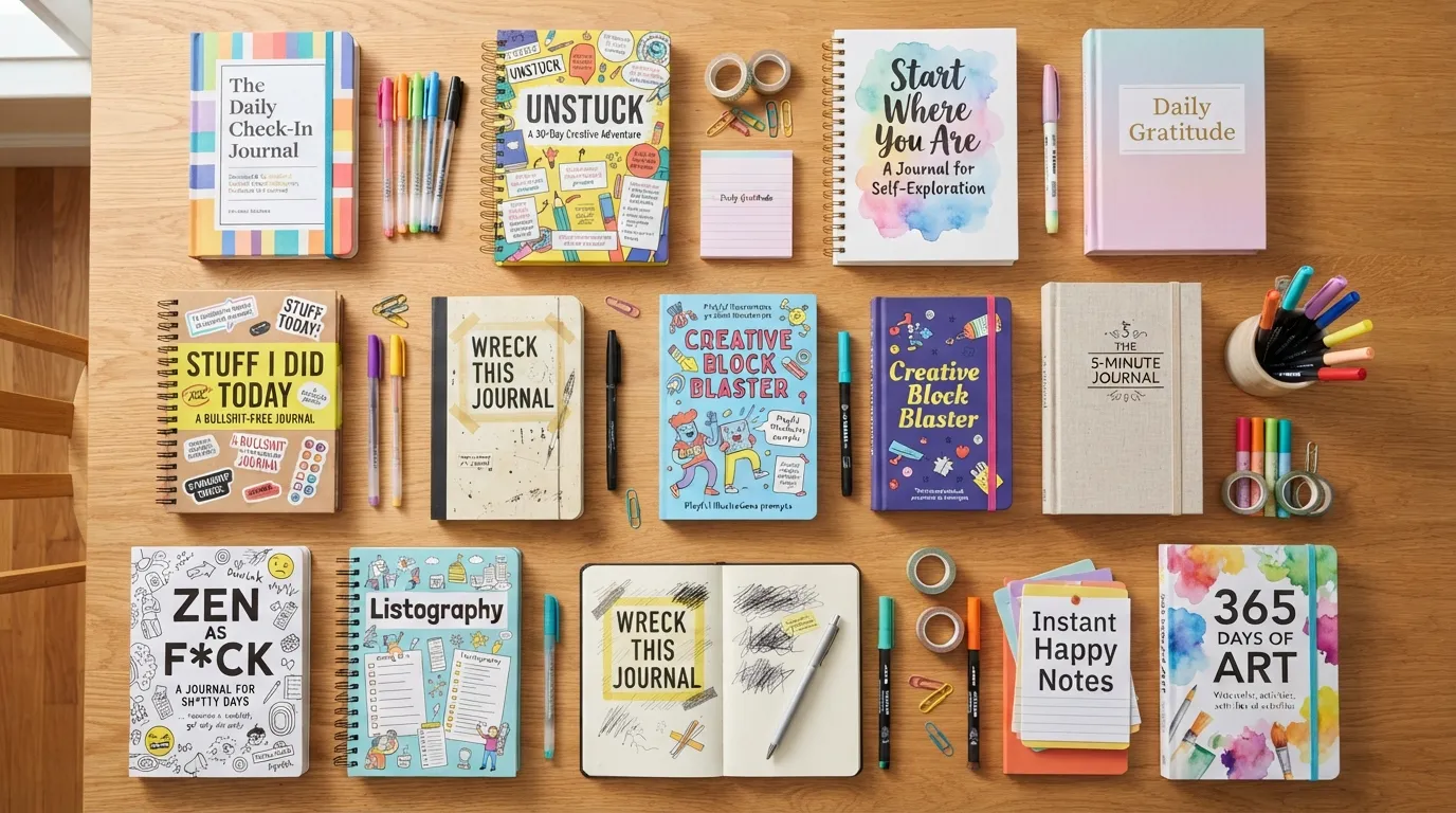 Flat lay of various colorful, playful guided journals, illustrated prompt books, and colorful pens on a wooden desk representing different moods and styles.