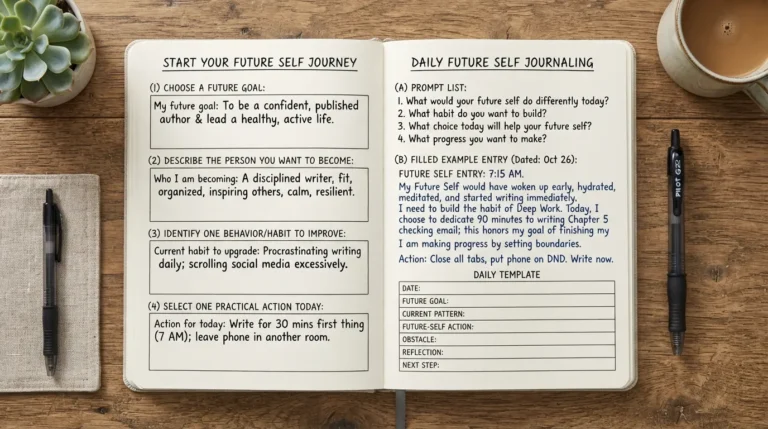 Future self journaling visual showing how to start, useful journal prompts, a sample future self entry, and a simple reusable journaling template.
