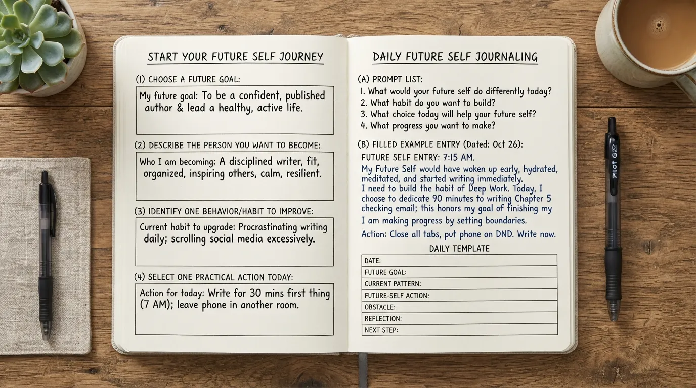 Future self journaling visual showing how to start, useful journal prompts, a sample future self entry, and a simple reusable journaling template.
