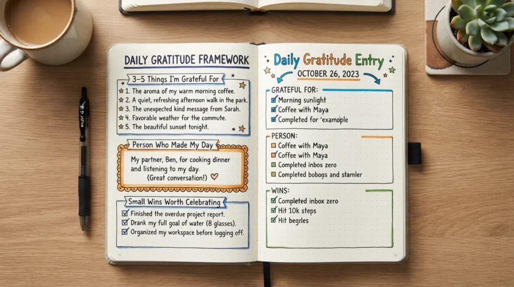 A open hand-written journal displaying structured gratitude entry ideas, listing things to be grateful for, people who made the day better, and small daily wins.