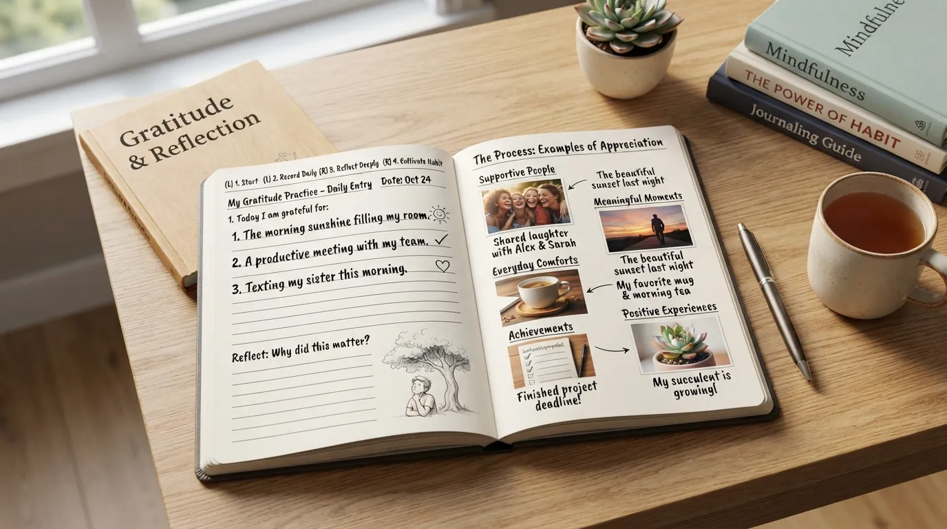 Open gratitude journal showing how to start, what to write, example gratitude entries, and key benefits of regular gratitude journaling.