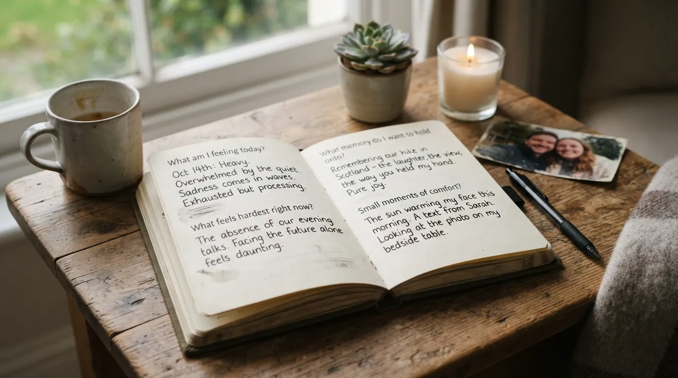 A grief journal with thoughtful writing prompts for processing loss, emotions, memories, and feelings of grief