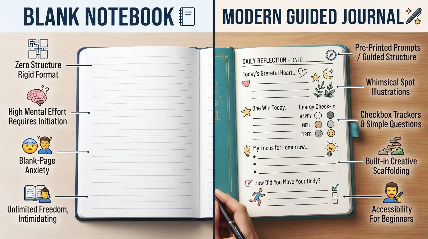 A side-by-side comparison showing an intimidating blank notebook versus an engaging guided journal filled with colorful prompts, illustrations, and structure.