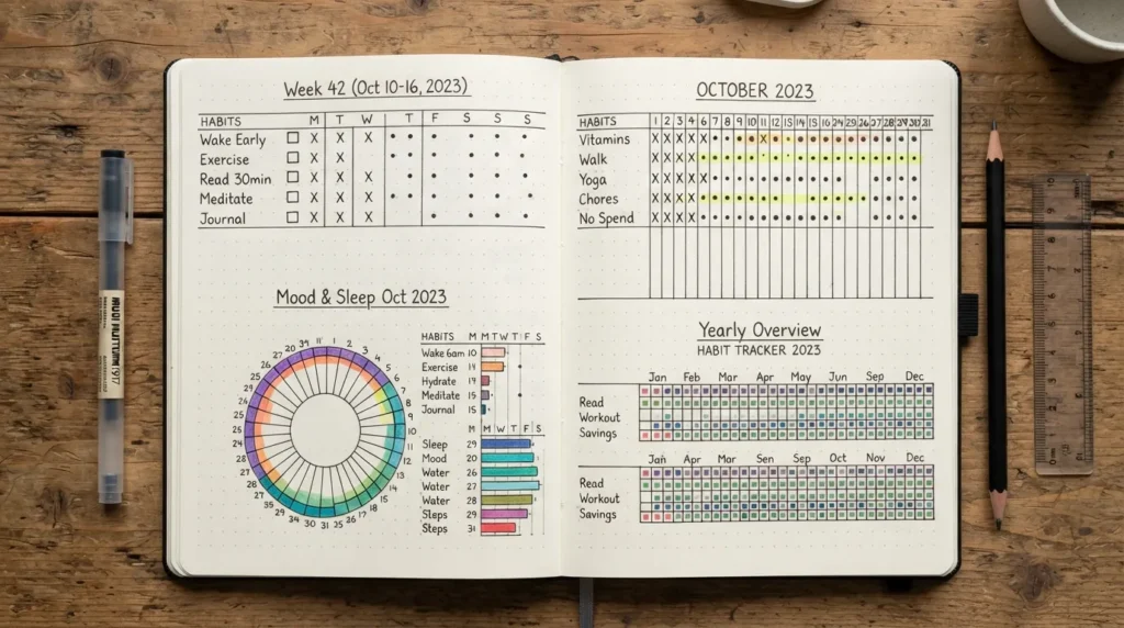 Habit tracker bullet journal with simple weekly, monthly, and creative habit-tracking layouts