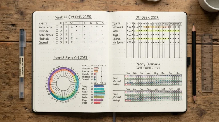 Habit tracker bullet journal with simple weekly, monthly, and creative habit-tracking layouts