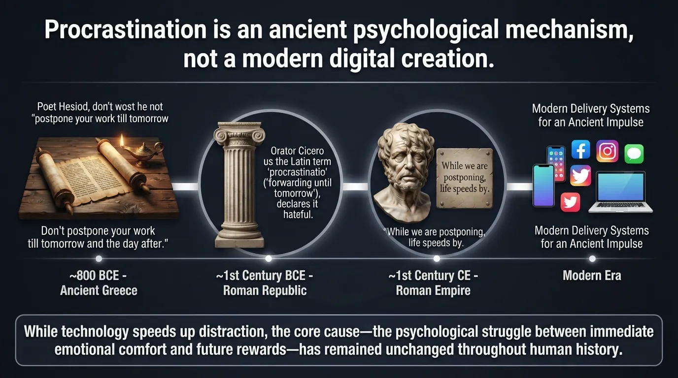 Historical timeline diagram showing procrastination documented across centuries, from Hesiod and Cicero in ancient Greece and Rome to modern digital distraction.