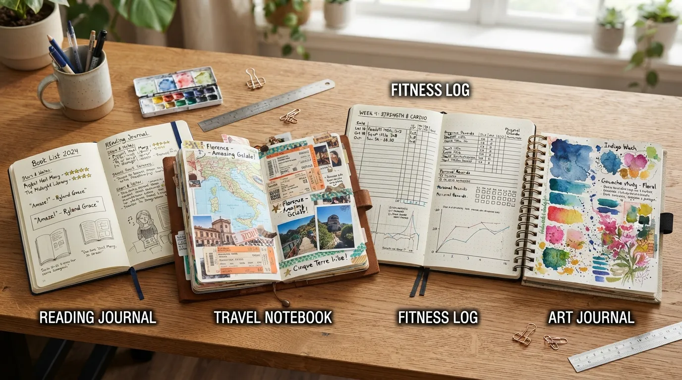 A flatlay photograph of various hobby and special-interest journals, including a reading log, a travel notebook, a fitness tracker, and an art sketchbook spread out on a wooden desk.