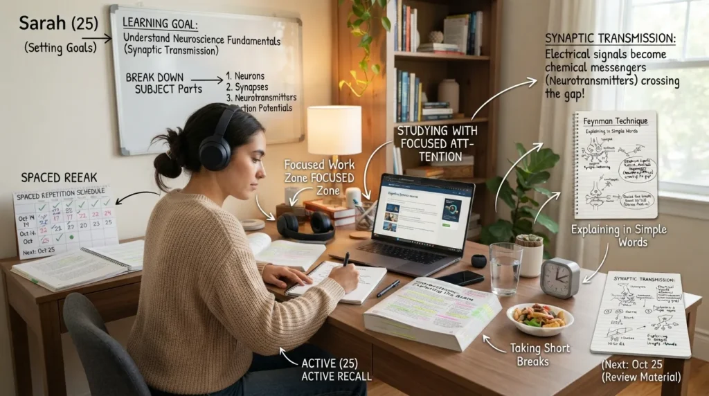 Person studying with focused practice, active recall, spaced repetition, and consistent learning habits to learn better and faster