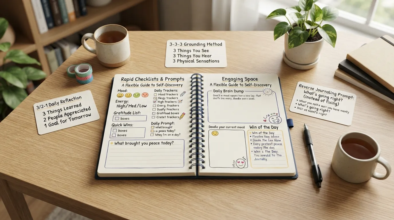 Flat lay photograph of an open colorful guided journal surrounded by sticky notes, colorful pens, and a coffee mug on a wooden desk, representing a low-stress and playful writing routine.